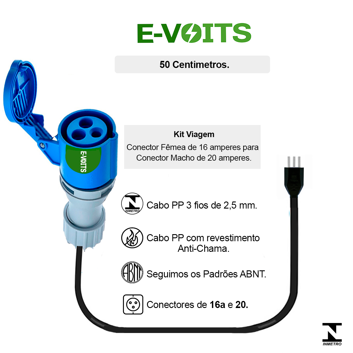 Adaptador 16a para 20a Carregador Portátil Carro Elétrico 50cm