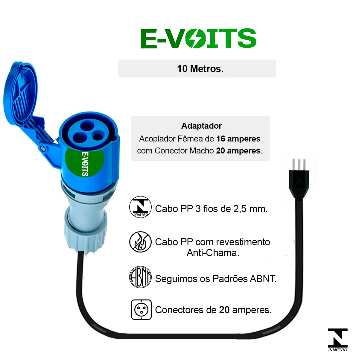 Adaptador para Carregador de Carro Elétrico 16a 10m Evoits