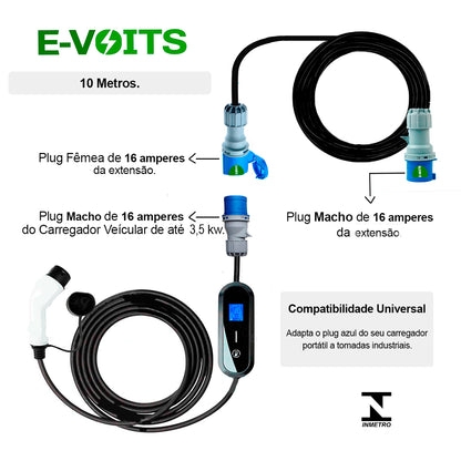 Extensão para Carregador de Carro Elétrico 16a 10 Metros